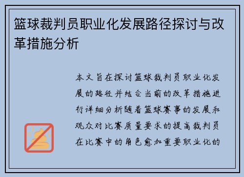 篮球裁判员职业化发展路径探讨与改革措施分析