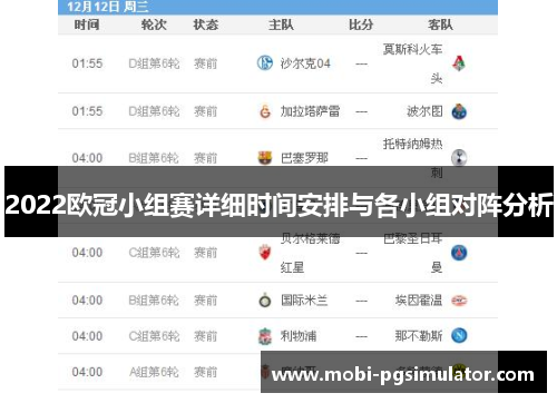 2022欧冠小组赛详细时间安排与各小组对阵分析